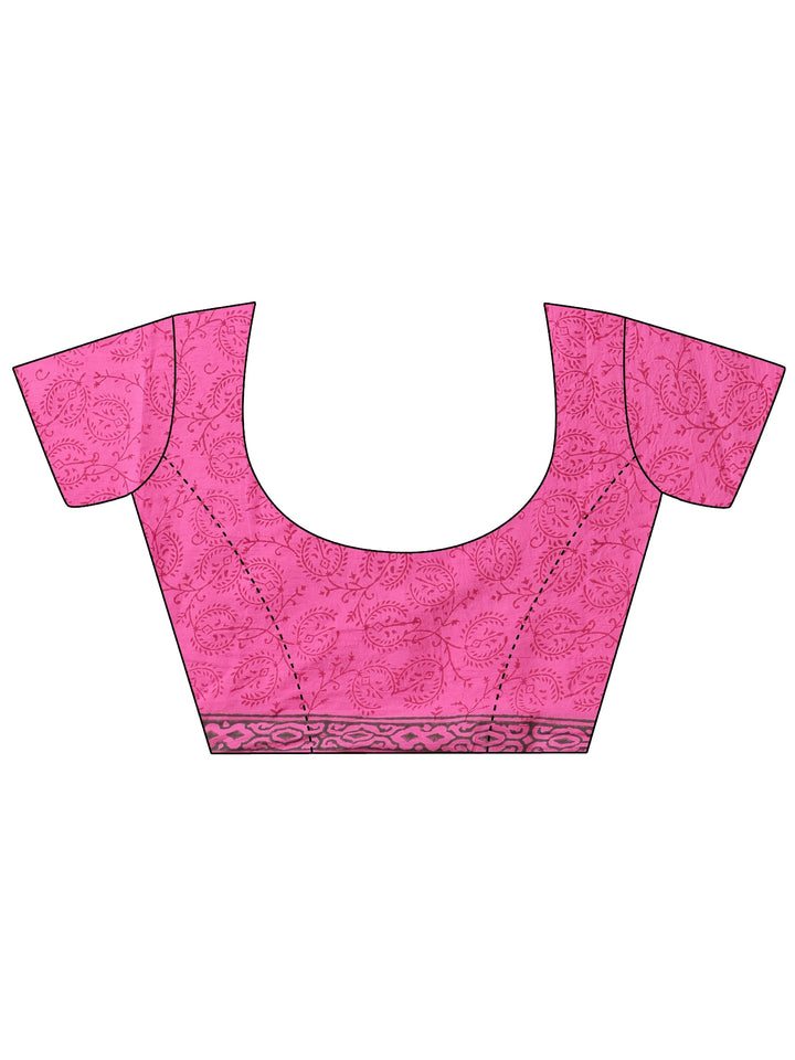Pink Printed Cotton Saree With Unstitched Blouse Piece