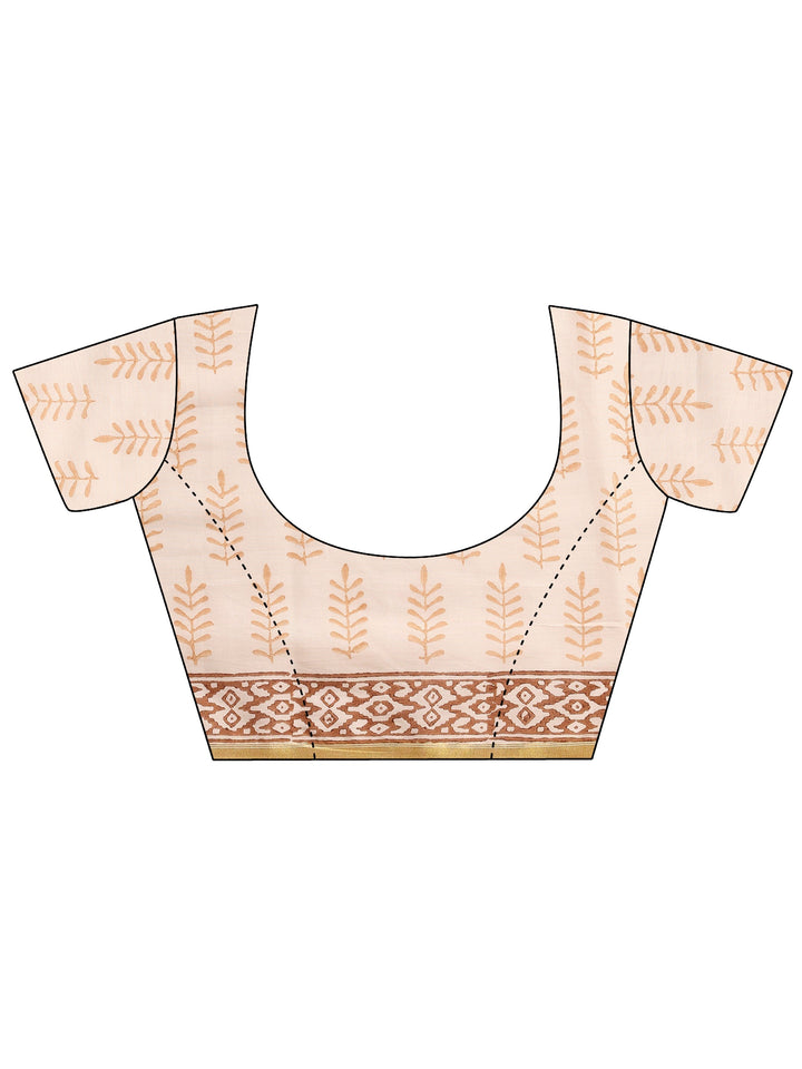 White Printed Cotton Saree With Unstitched Blouse Piece