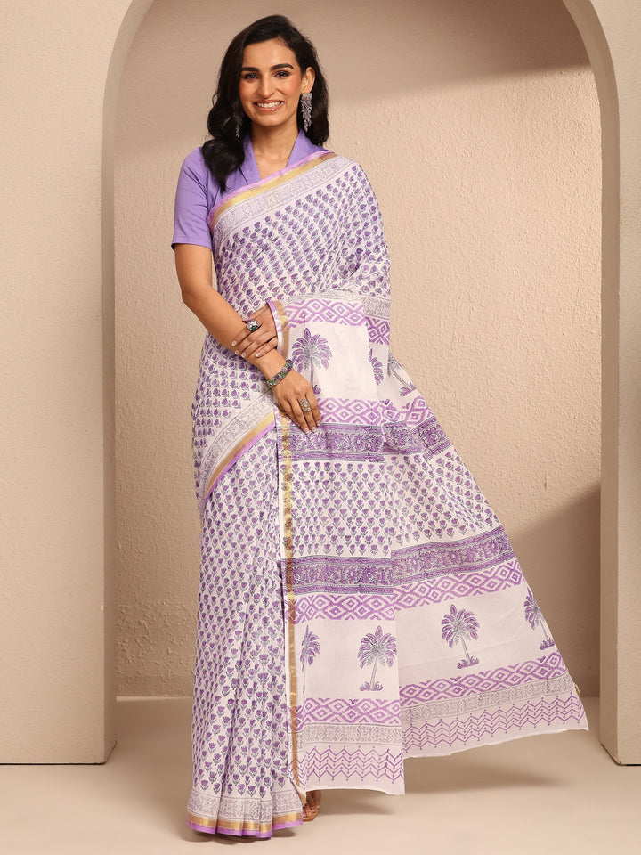 White Printed Cotton Saree With Unstitched Blouse Piece