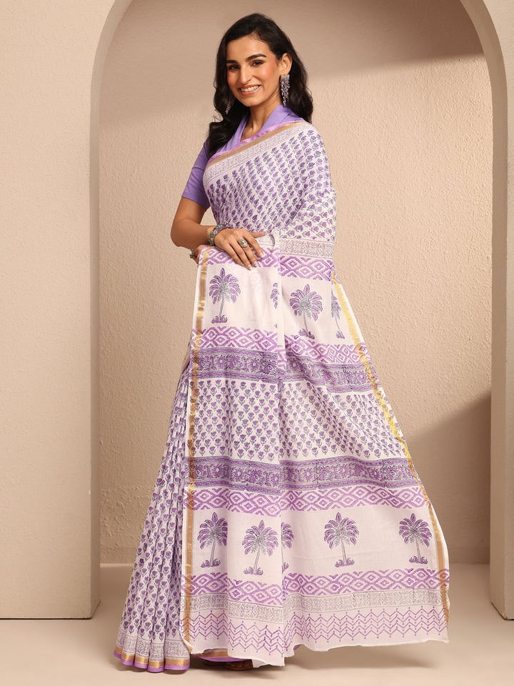 White Printed Cotton Saree With Unstitched Blouse Piece