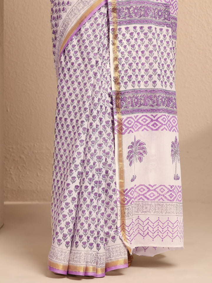 White Printed Cotton Saree With Unstitched Blouse Piece