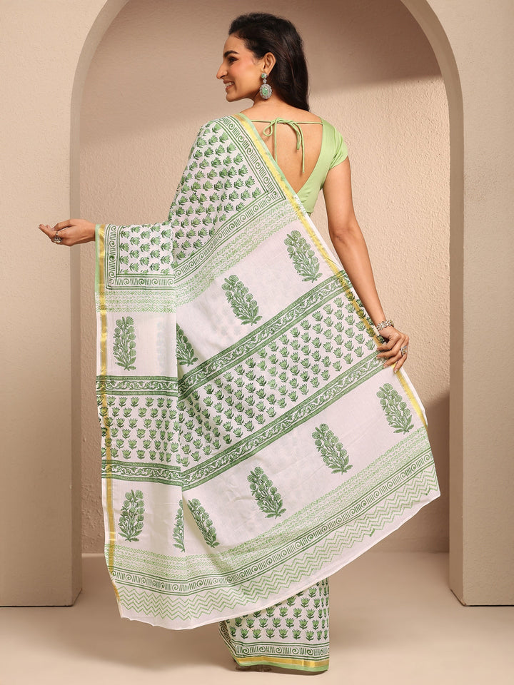 White Printed Cotton Saree With Unstitched Blouse Piece