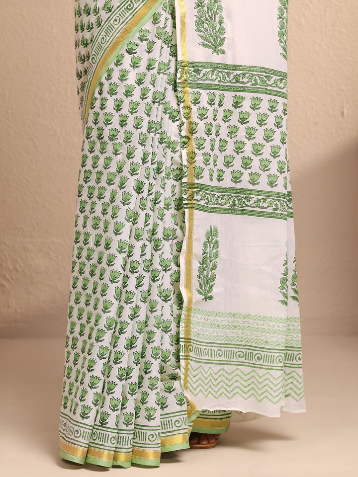 White Printed Cotton Saree With Unstitched Blouse Piece