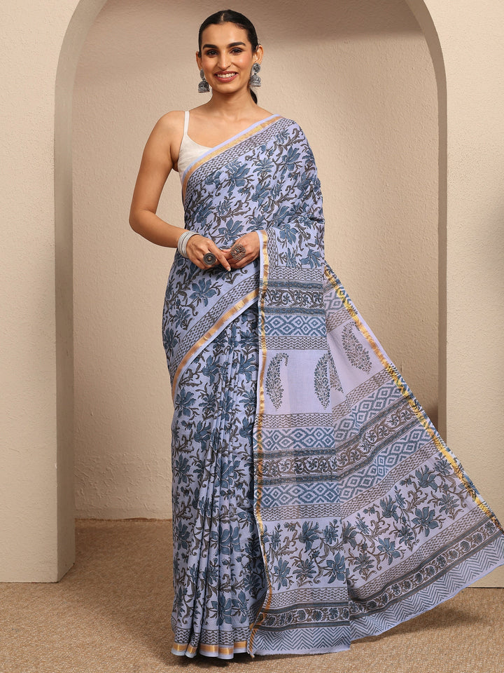 Blue Printed Cotton Saree With Unstitched Blouse Piece