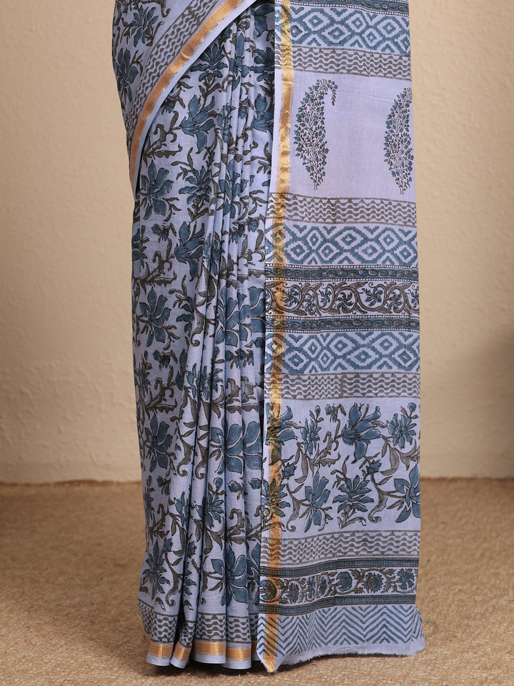 Blue Printed Cotton Saree With Unstitched Blouse Piece