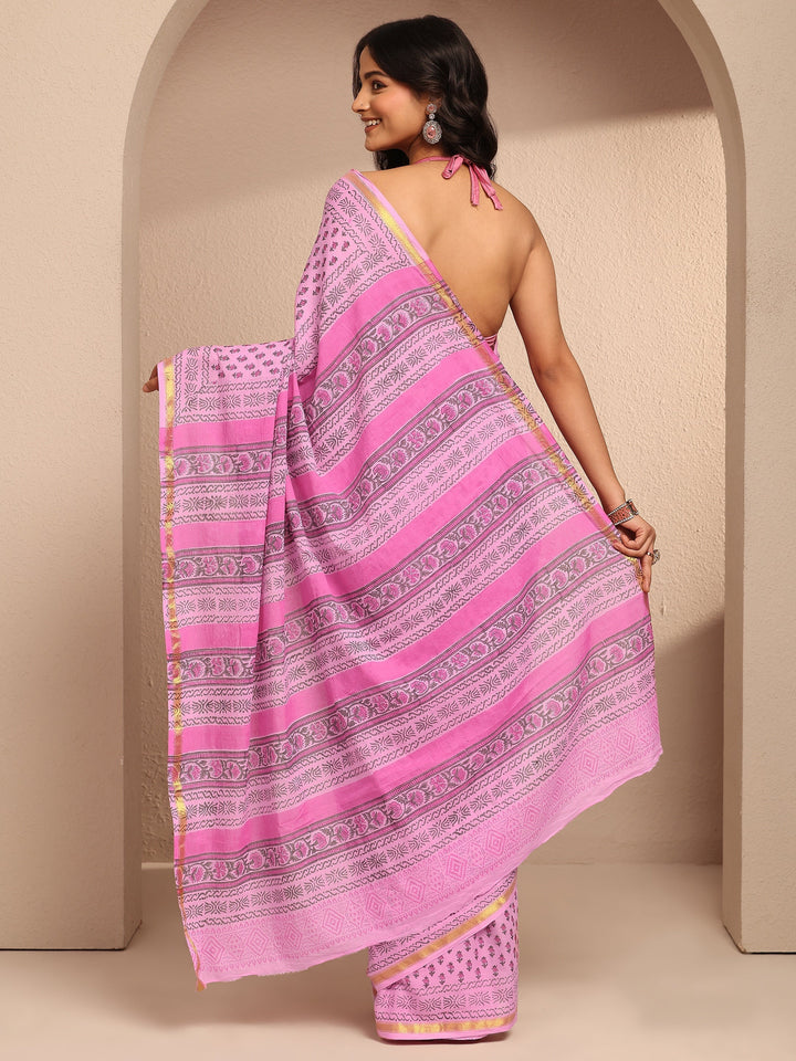 Pink Printed Cotton Saree With Unstitched Blouse Piece