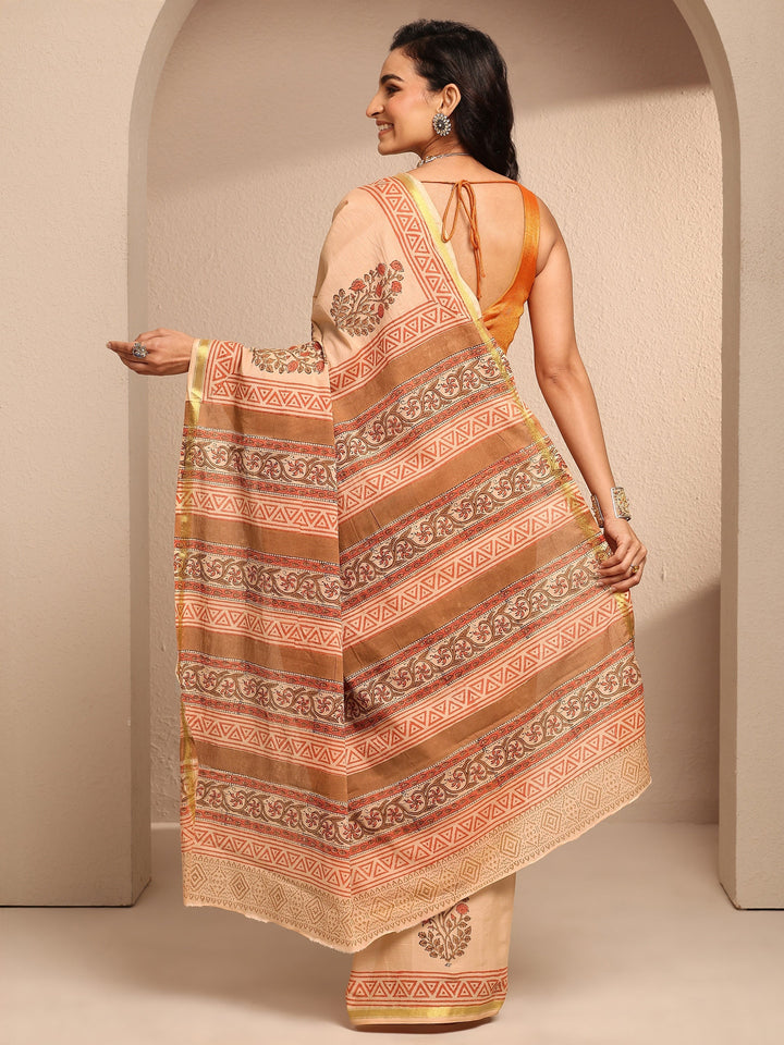 Peach Printed Cotton Saree With Unstitched Blouse Piece