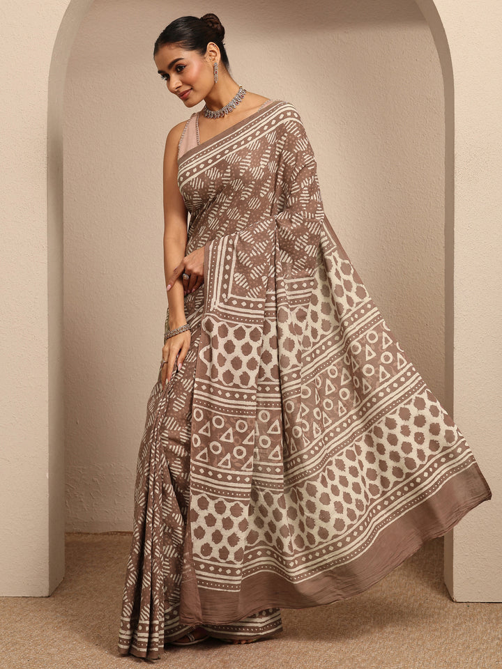 Brown Ikat Printed Cotton Saree With Unstitched Blouse Piece