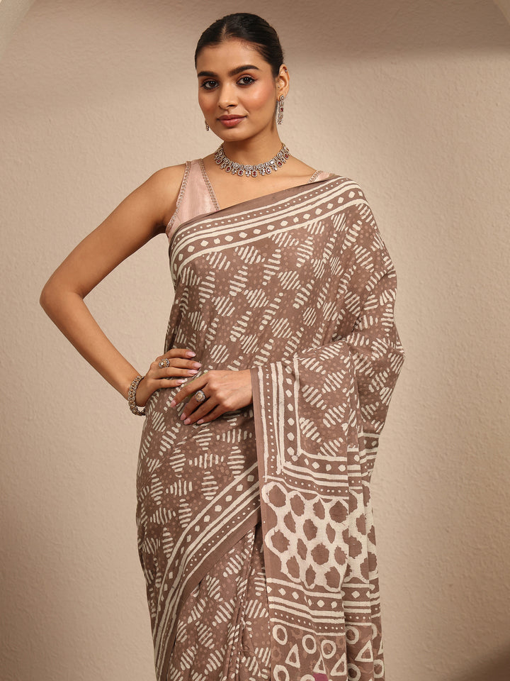 Brown Ikat Printed Cotton Saree With Unstitched Blouse Piece