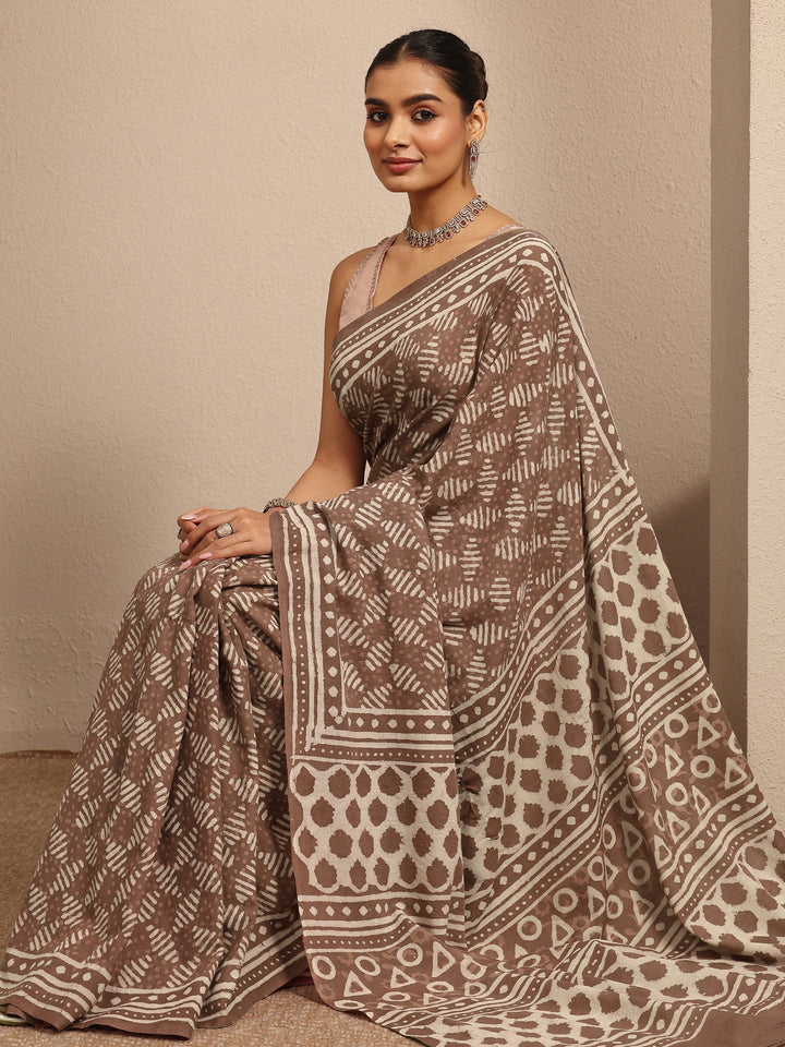 Brown Ikat Printed Cotton Saree With Unstitched Blouse Piece