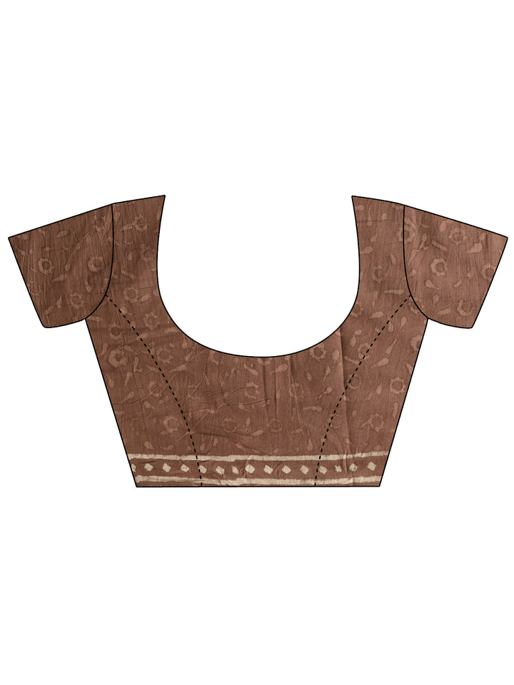 Brown Ikat Printed Cotton Saree With Unstitched Blouse Piece
