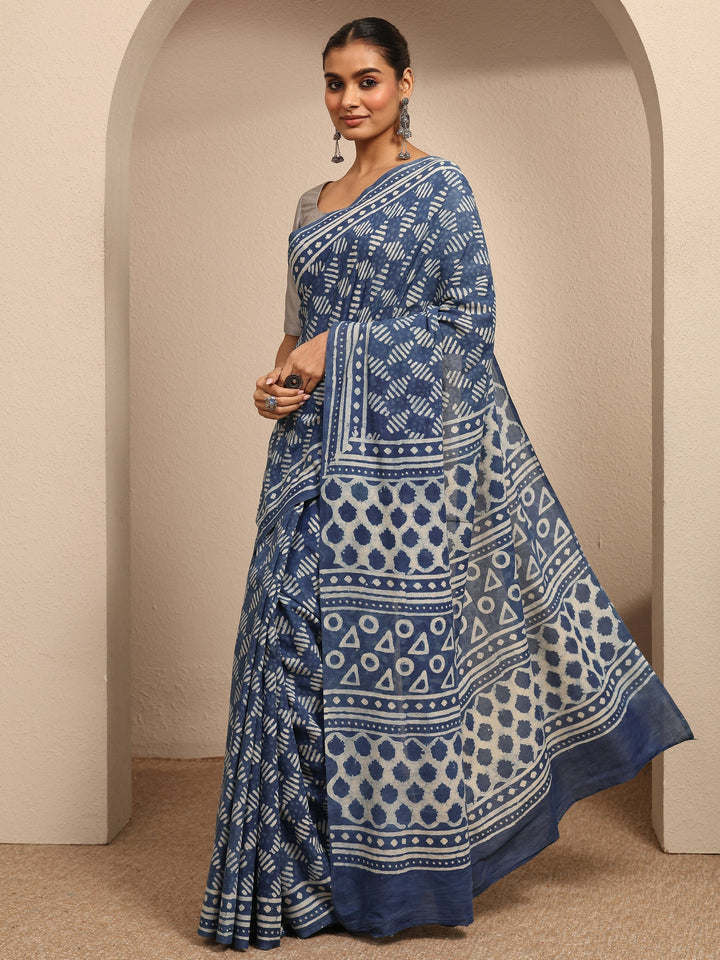Blue Block Printed Cotton Saree With Unstitched Blouse Piece