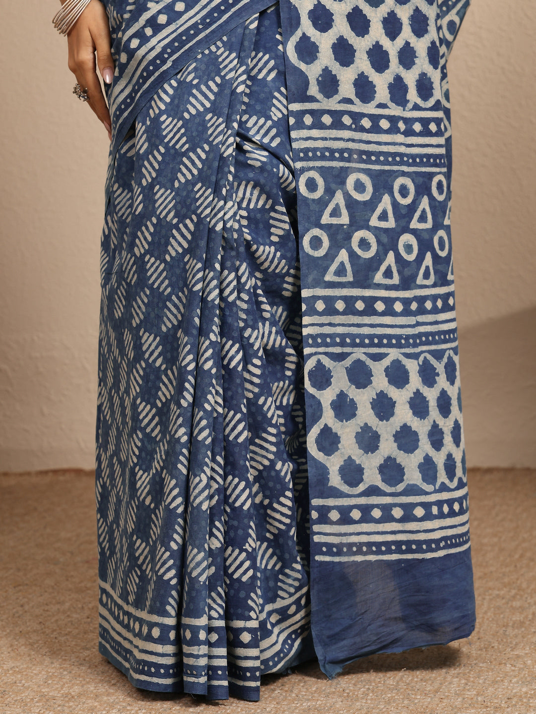Blue Block Printed Cotton Saree With Unstitched Blouse Piece