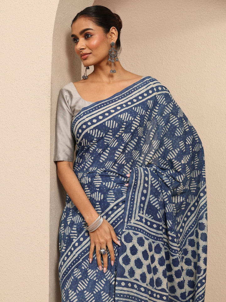 Blue Block Printed Cotton Saree With Unstitched Blouse Piece
