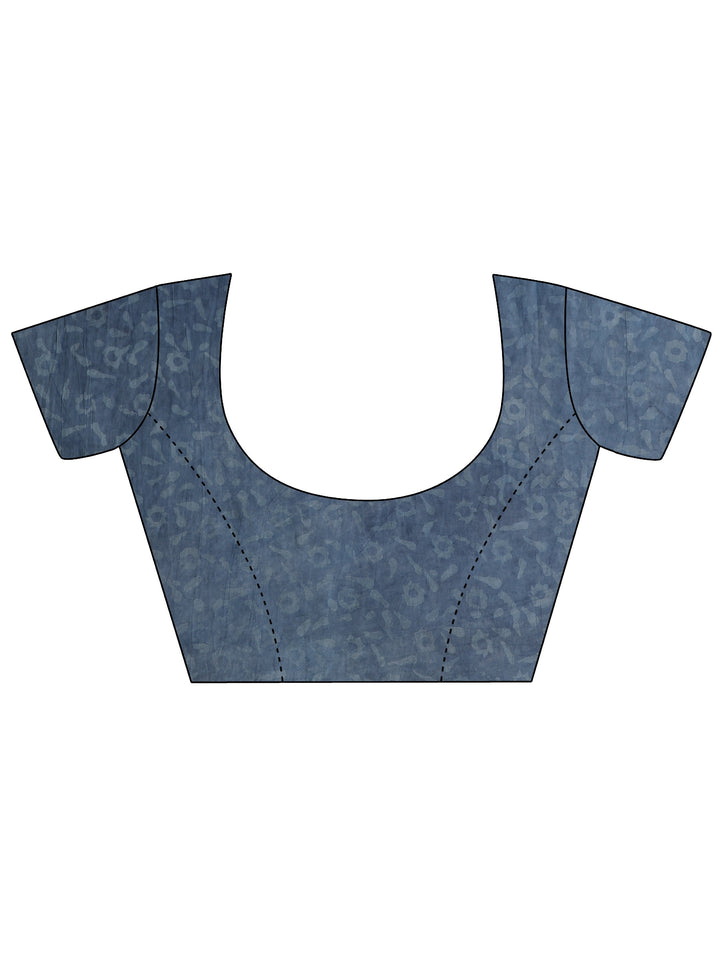 Blue Block Printed Cotton Saree With Unstitched Blouse Piece