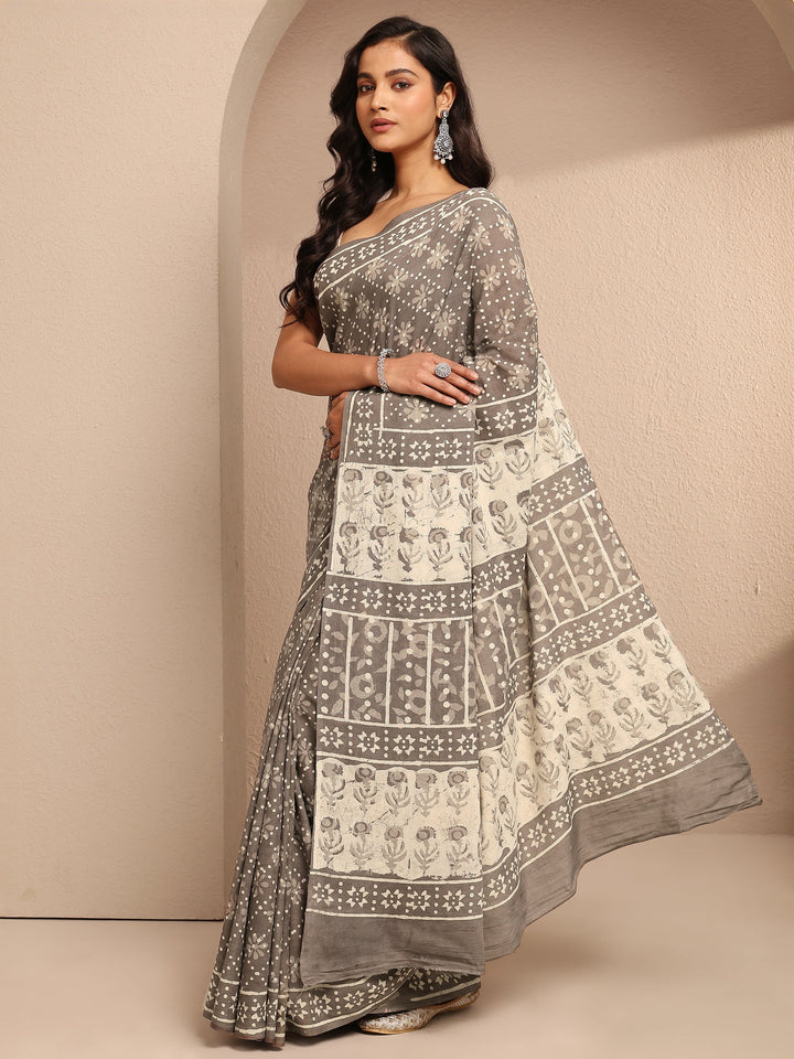 Grey Abstract Printed Cotton Saree With Unstitched Blouse Piece