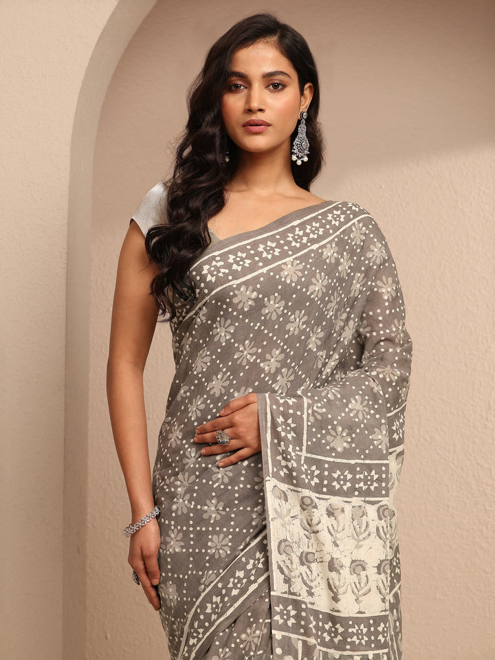 Grey Abstract Printed Cotton Saree With Unstitched Blouse Piece