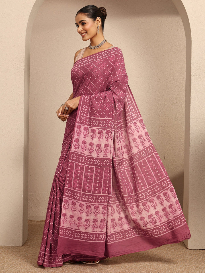Mauve Ikat Printed Cotton Saree With Unstitched Blouse Piece
