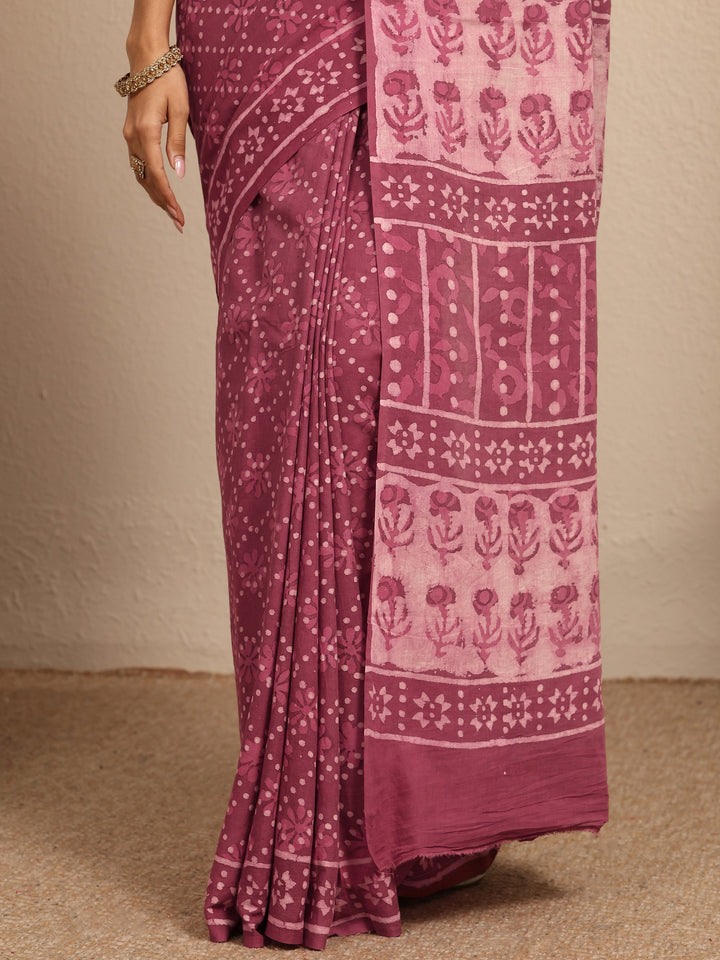 Mauve Ikat Printed Cotton Saree With Unstitched Blouse Piece