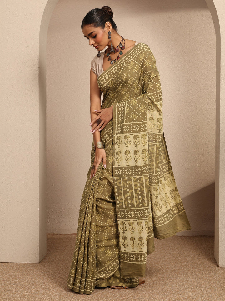 Green Printed Cotton Saree With Unstitched Blouse Piece