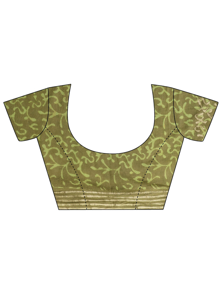 Green Abstract Printed Cotton Saree With Unstitched Blouse Piece