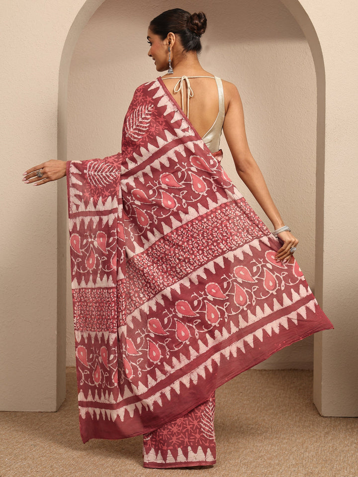 Brown Printed Cotton Saree With Unstitched Blouse Piece