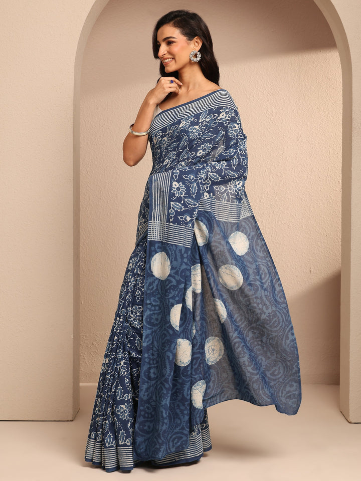 Blue Printed Cotton Saree With Unstitched Blouse Piece
