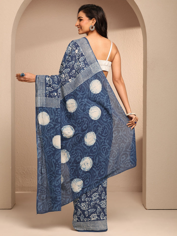 Blue Printed Cotton Saree With Unstitched Blouse Piece