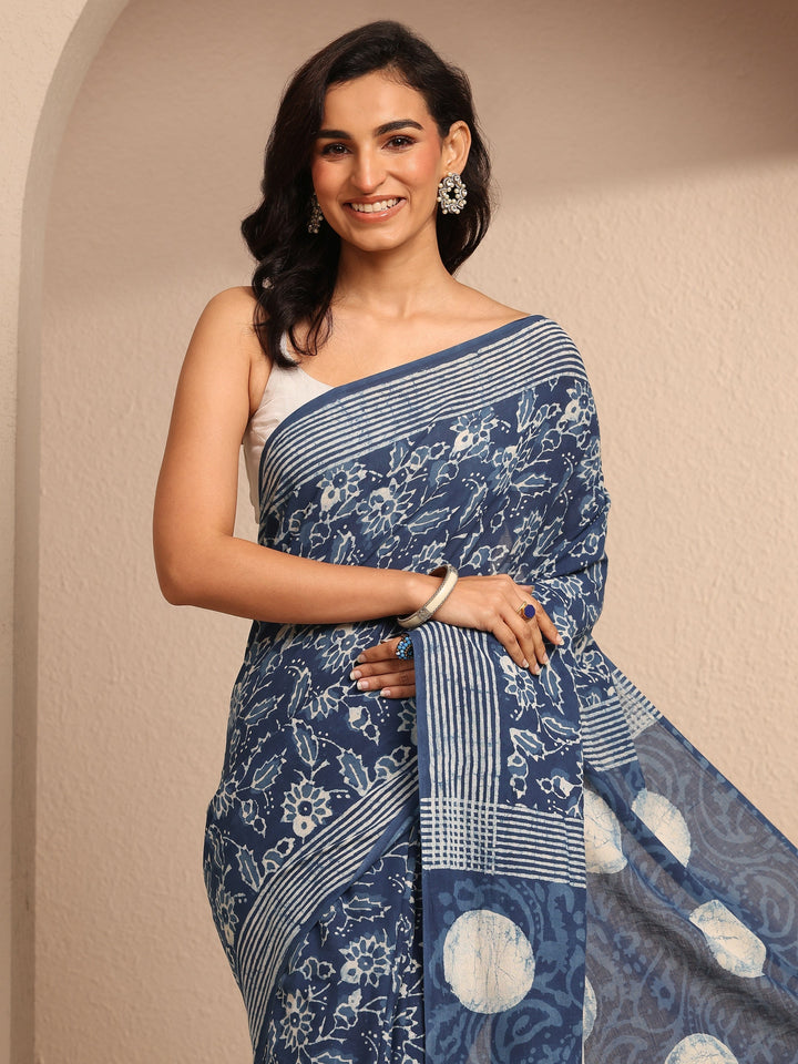 Blue Printed Cotton Saree With Unstitched Blouse Piece