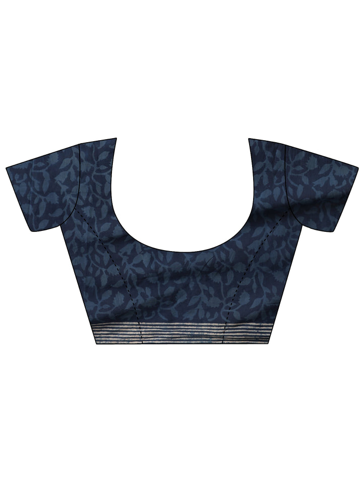 Blue Printed Cotton Saree With Unstitched Blouse Piece