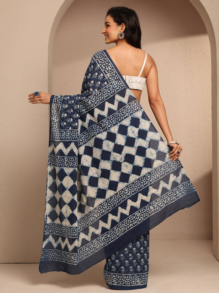 Blue Printed Cotton Saree With Unstitched Blouse Piece