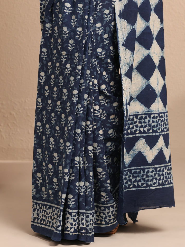 Blue Printed Cotton Saree With Unstitched Blouse Piece