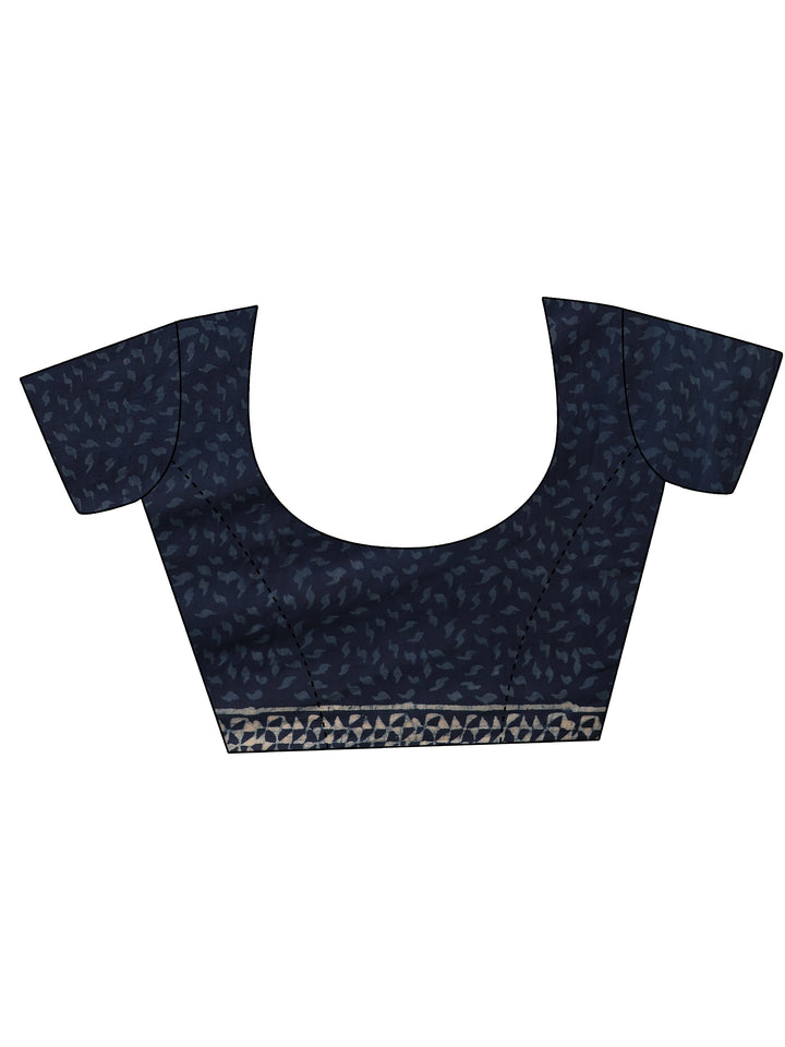 Blue Printed Cotton Saree With Unstitched Blouse Piece