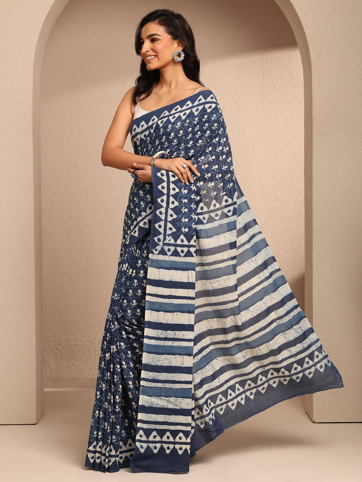 Blue Printed Cotton Saree With Unstitched Blouse Piece