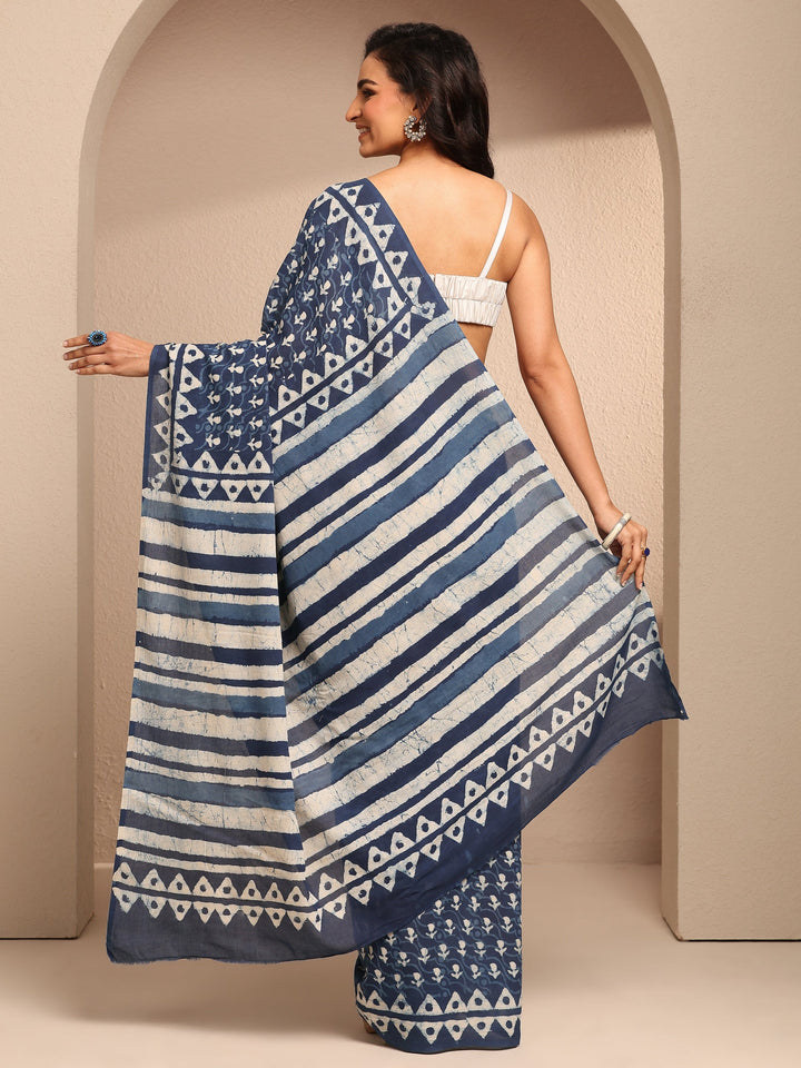 Blue Printed Cotton Saree With Unstitched Blouse Piece