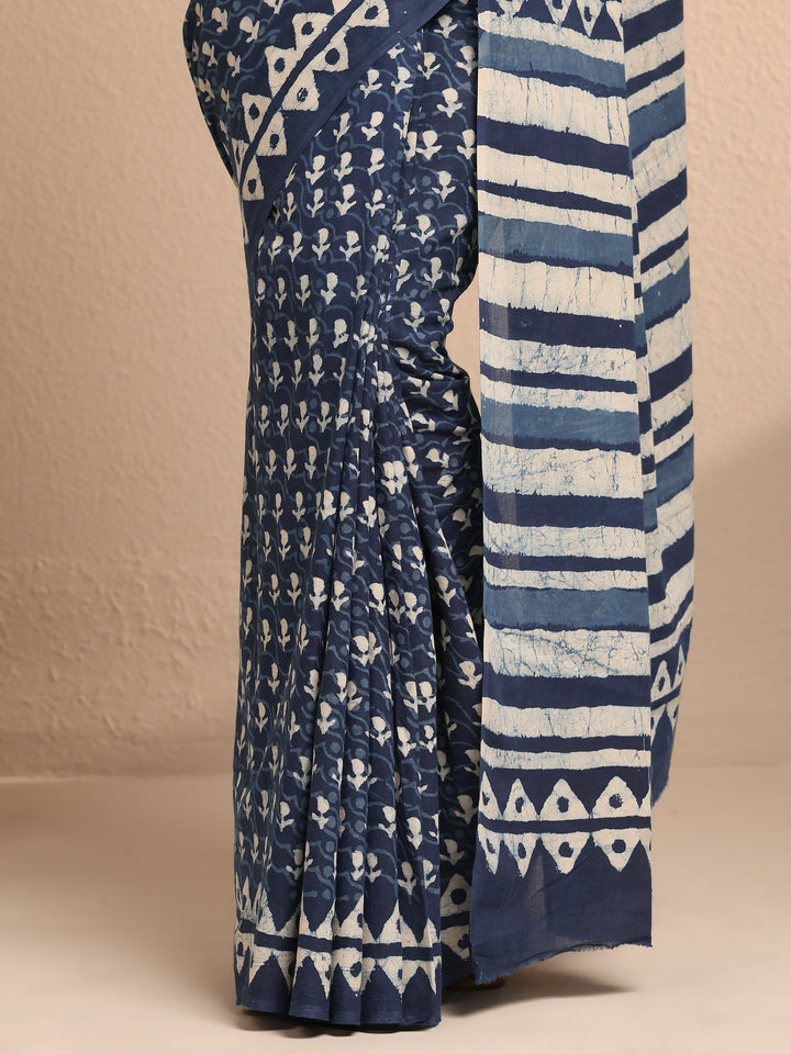 Blue Printed Cotton Saree With Unstitched Blouse Piece