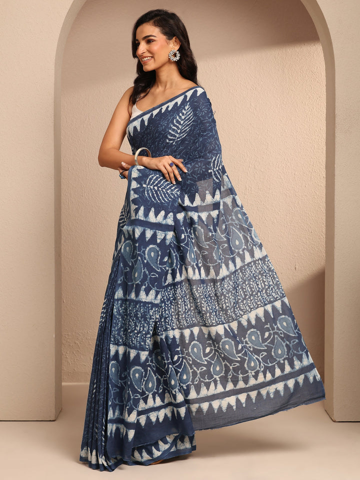 Blue Printed Cotton Saree With Unstitched Blouse Piece