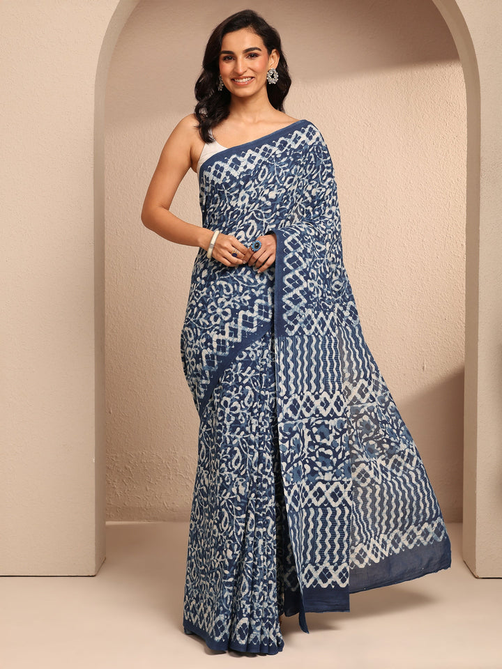 Blue Printed Cotton Saree With Unstitched Blouse Piece