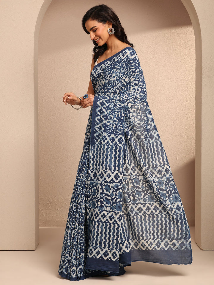 Blue Printed Cotton Saree With Unstitched Blouse Piece