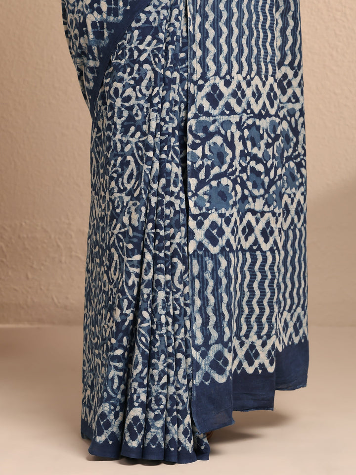 Blue Printed Cotton Saree With Unstitched Blouse Piece