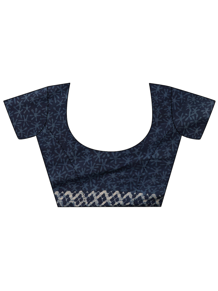 Blue Printed Cotton Saree With Unstitched Blouse Piece