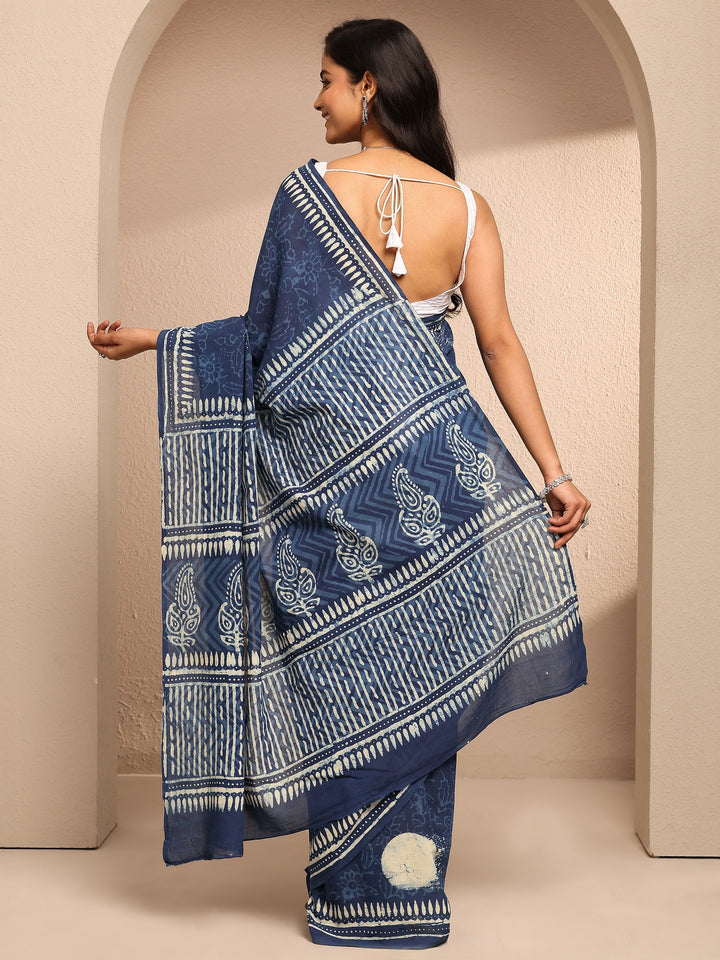 Blue Printed Cotton Saree With Unstitched Blouse Piece