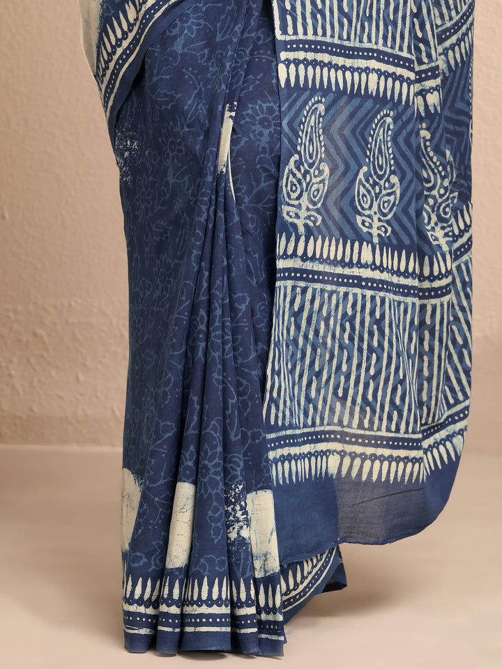 Blue Printed Cotton Saree With Unstitched Blouse Piece