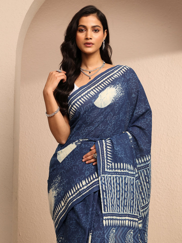 Blue Printed Cotton Saree With Unstitched Blouse Piece