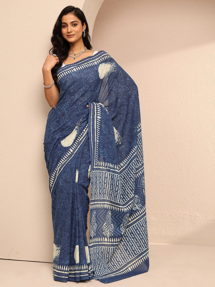 Blue Printed Cotton Saree With Unstitched Blouse Piece