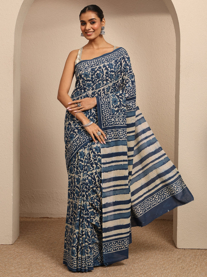 Blue Block Printed Cotton Saree With Unstitched Blouse Piece
