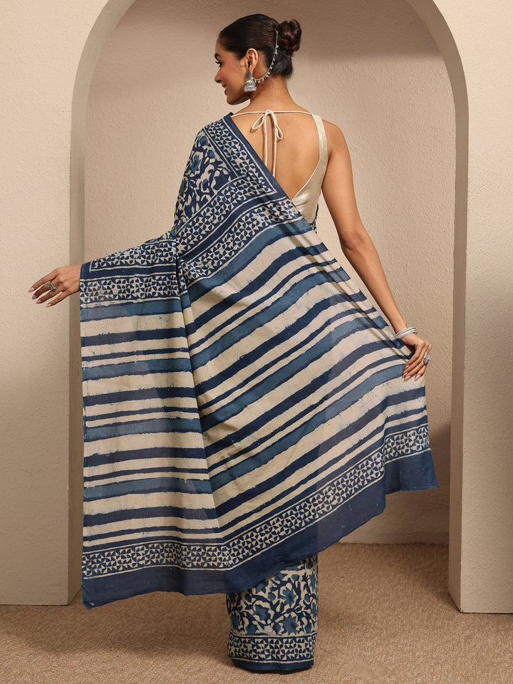 Blue Block Printed Cotton Saree With Unstitched Blouse Piece