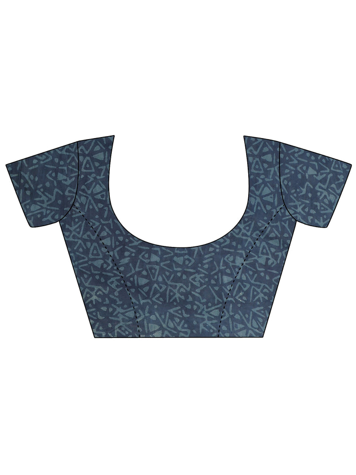 Blue Block Printed Cotton Saree With Unstitched Blouse Piece