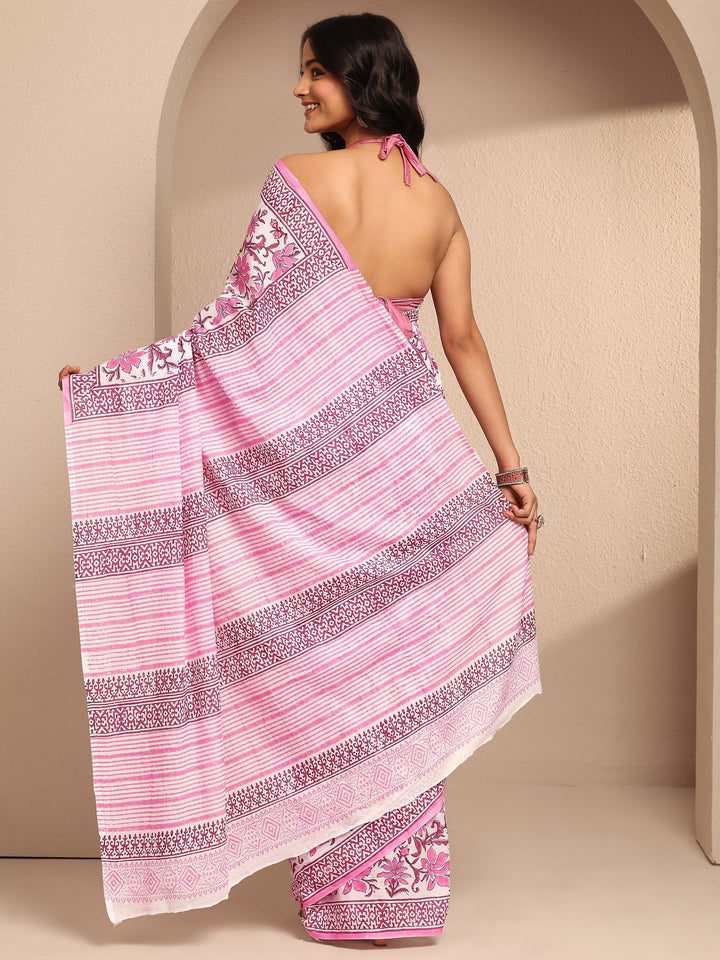 White Printed Cotton Saree With Unstitched Blouse Piece