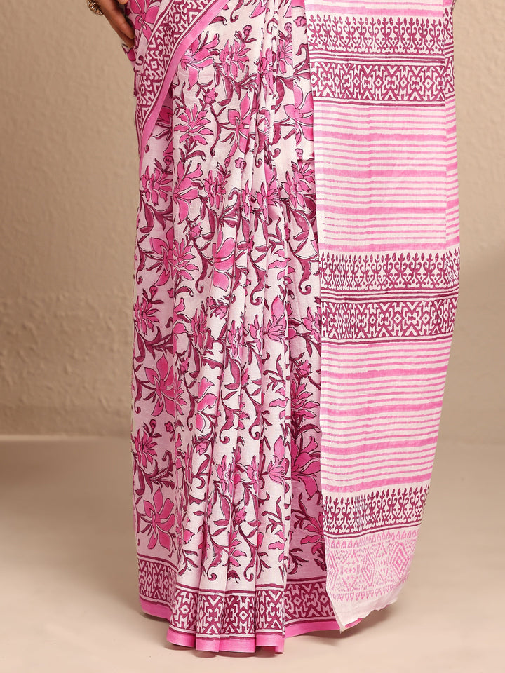 White Printed Cotton Saree With Unstitched Blouse Piece